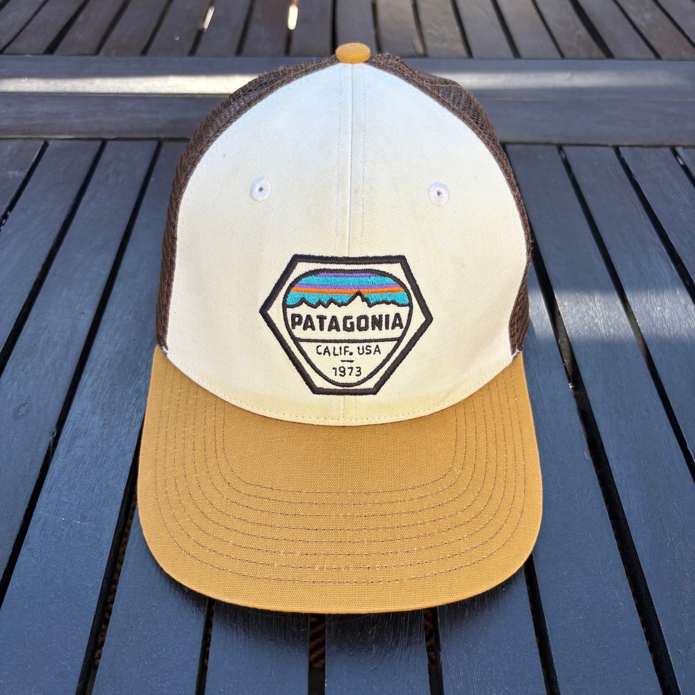 Patagonia Trucker Hat Unisex OSFA Brown Yellow Good Fitz Roy Hex Logo Snapback